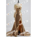 Eine Schulter Langarm Gold Sequins Abendkleid Sehen Sie durch Hoch Hoch Split Abendkleid